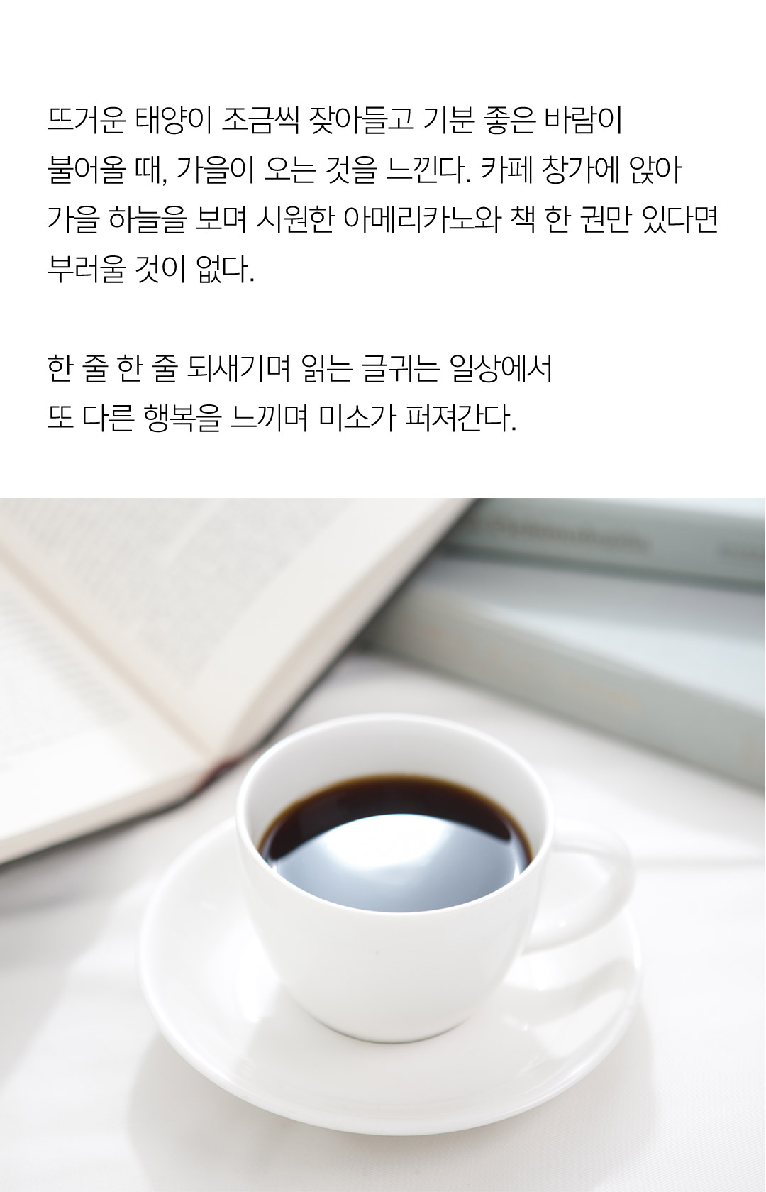 뜨거운 태양이 조금씩 잦아들고 기분 좋은 바람이 불어올 때, 가을이 오는 것을 느낀다. 카페 창가에 앉아 가을 하늘을 보며 시원한 아메리카노와 책 한 권만 있다면 부러울 것이 없다. 한 줄 한 줄 되새기며 읽는 글귀는 일상에서 또 다른 행복을 느끼며 미소가 퍼져간다. 