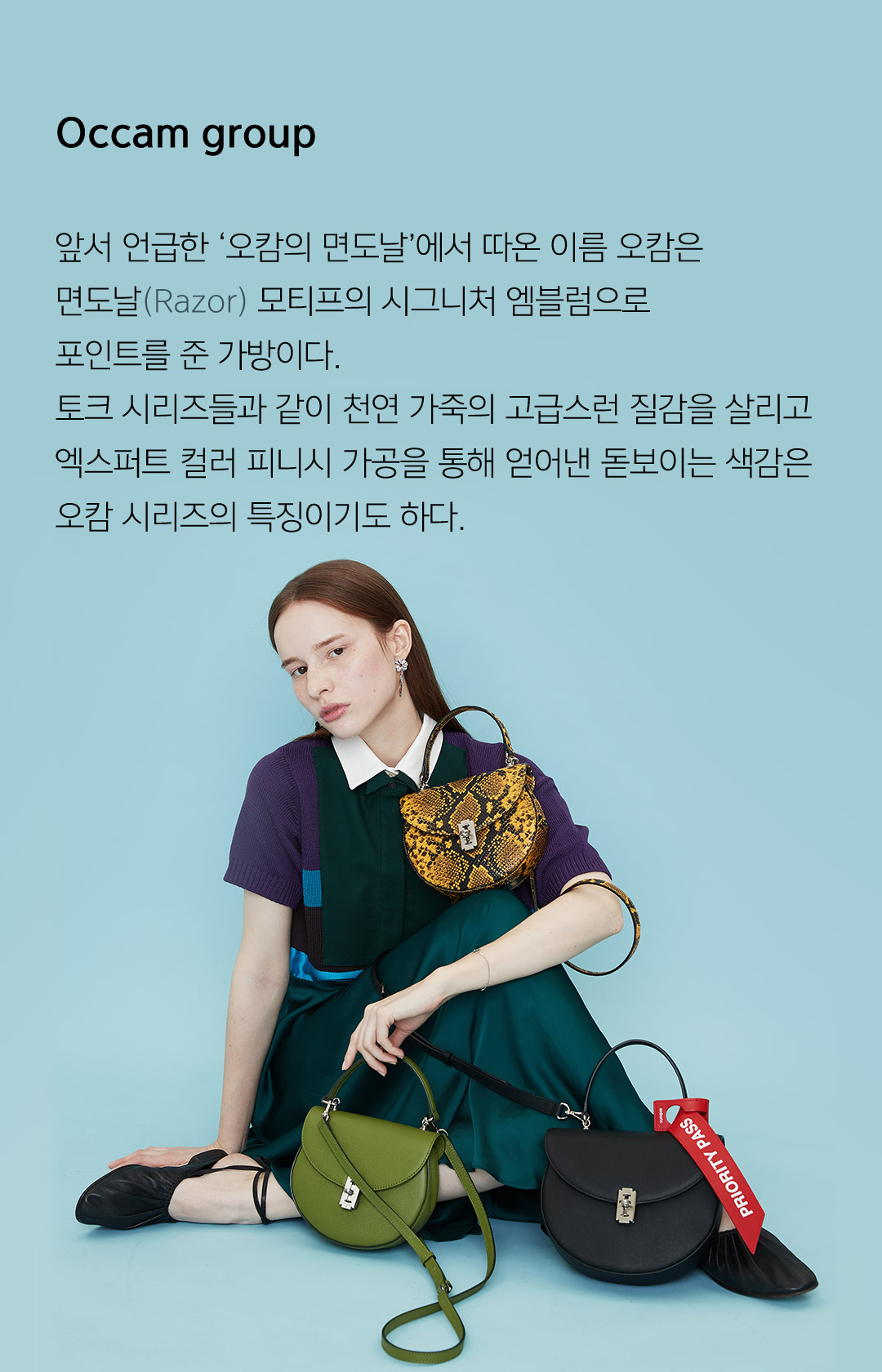 Occam group - 앞서 언급한 오캄의 면도날에서 따온 이름 오캄은 면도날 모티프의 시그니처 엠블럼으로 포인트를 준 가방이다. 토크 시리즈들과 같이 천연 가죽의 고급스런 질감을 살리고 엑스퍼트 컬러 피니시 가공을 통해 얻어낸 돋보이는 색감은 오캄 시리즈의 특징이기도 하다.