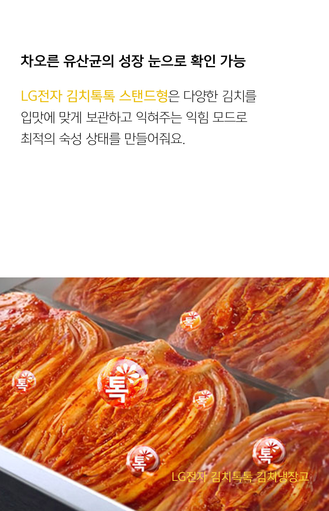 차오른 유산균의 성장 눈으로 확인 가능 LG전자 김치톡톡 스탠드형은 다양한 김치를 입맛에 맞게 보관하고 익혀주는 익힘 모드로 최적의 숙성상태를 만들어줘요.