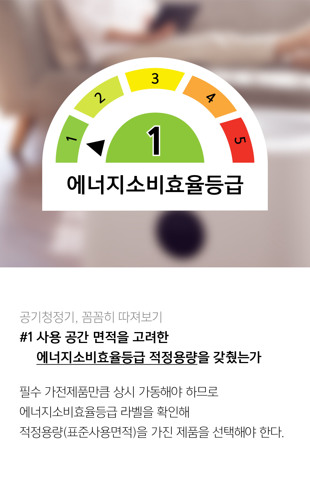 공기청정기, 꼼꼼히 따져보기 #1 사용 공간 면적을 고려한 에너지소비효율등급 적정용량을 갖췄는가 필수 가전제품만큼 상시 가동해야 하므로 에너지소비효율등급 라벨을 확인해 적정용량(표준사용면적)을 가진 제품을 선택해야 한다.