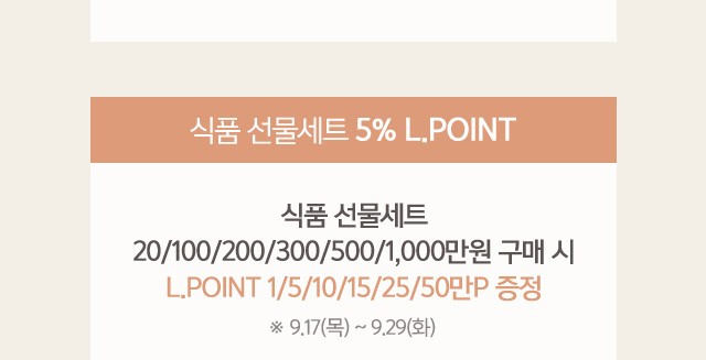 식품 선물세트 5% LPOINT 식품 선물세트 20 100 200 300 500 1000만원 구매 시 LPOINT 1 5 10 15 25 50만P 증정 9 17 목 ~ 9 29 화