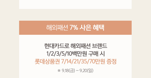 해외패션 7% 사은 혜택 현대카드로 해외패션 브랜드 1 2 3 5 10백만원 구매 시 롯데상품권 7 14 21 35 70만원 증정 9 18 금 ~ 9 20 일