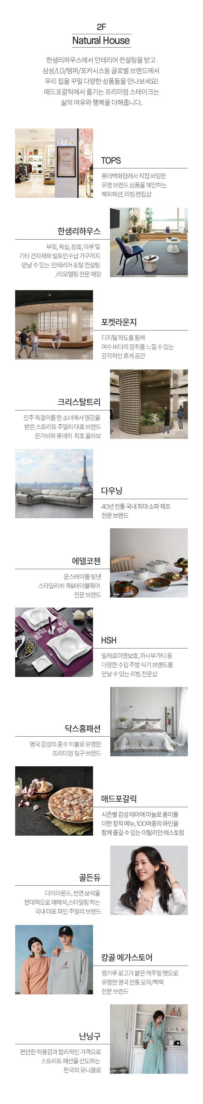 2F Natural House 한샘리하우스에서 인테리어 컨설팅을 받고 삼성 LG 템퍼 포커시스등 글로벌 브랜드에서 우리 집을 꾸밀 다양한 상품들을 만나보세요 매드포갈릭에서 즐기는 프리미엄 스테이크는 삶의 여유와 행복을 더해줍니다 TOPS 한샘리하우스 포켓라운지 크리스탈트리 다우닝 에델코첸 HSH 닥스홈패션 매드포갈릭 골든듀 캉골 메가스토어 난닝구